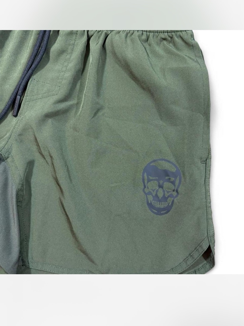 Olive Green Skull Logo Athletic Shorts Gym Goth Streetwear - Picture 2 of 5